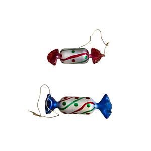 Lot of 2 Vintage Handblown Glass Candy Christmas Ornaments 3.5" Pink & Blue